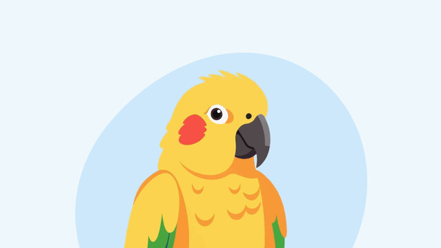 Cartoon yellow parrot with red cheek patch and green wing tips