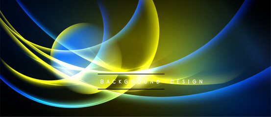 Abstract flowing lines, vibrant blues, yellows dominate dark background. Modern design evokes energy, movement, sleekness.