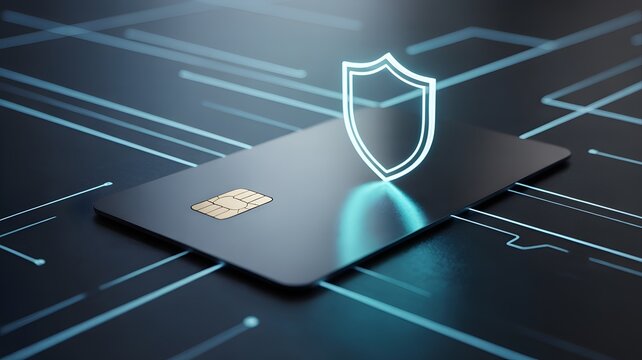 Digital Shield of Secure Transactions: A sleek credit card is protected by a glowing digital shield, symbolizing the secure safeguarding of financial transactions within a high-tech network. 