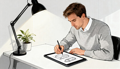 Young industrial designer sketching a product concept on a digital tablet. Creative professional drawing a new prototype with a stylus in a modern workspace