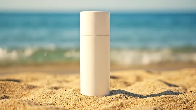 Unlabeled beige cosmetic tube rests on sandy beach with ocean backdrop