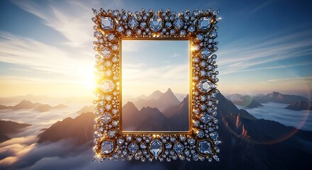 A luxurious golden frame set with shimmering diamonds floats above a majestic mountain range. Warm morning sunlight glows through the center, illuminating the fog-filled valleys.