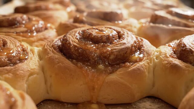 Rows of sweet glazed cinnamon rolls on a baking sheet fresh from the oven with a golden brown color 4k video
