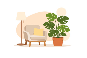 Fototapeta premium Cozy living room with armchair and monstera plant
