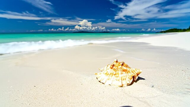 Beach scene shell on the sand, turquoise water, white foam, clear sky and clouds