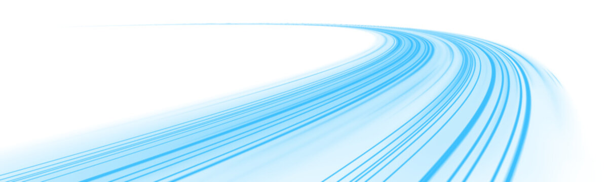 Glowing neon laser lines ripple across urban road. Motion lines, blue wave trails, energy swirls, water streams, air currents highlight futuristic speed and dynamic traffic. Vector illustration PNG.