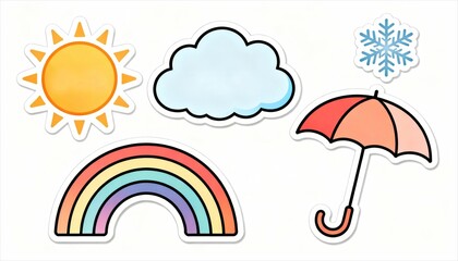 Fototapeta premium A colorful collection of weather icons including a sun, cloud, rainbow, umbrella, and snowflake, symbolizing different weather conditions.