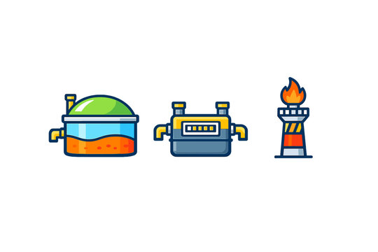 Biogas plant, gas meter and flare stack icons