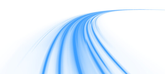 Glowing neon laser streaks flow across urban road. Motion lines, blue energy waves, trail patterns, air currents, whirlwind effects illustrate dynamic futuristic traffic speed. Vector illustration PNG © Mirotvoric