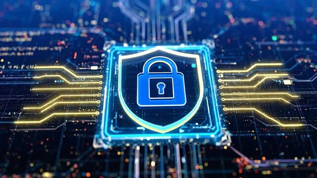 Glowing digital security concept with shield and lock symbol amidst circuit board pattern
