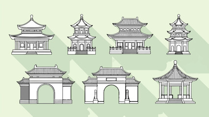 Collection of stylized traditional oriental buildings and gateways