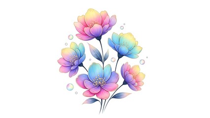 Colorful watercolor flowers isolated on white background with rainbow hues and petals