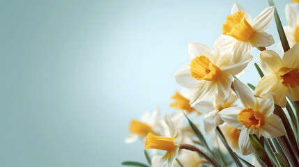 Obraz premium A bouquet of vibrant daffodils against a soft blue background