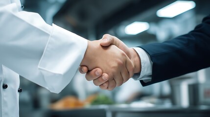 Handshake between a chef and a business person in a commercial kitchen, representing partnership and collaboration in the food industry
