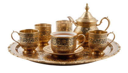 Exquisite ornate gold and black tea set featuring engraved cups and a matching serving tray for formal occasions on transparent background