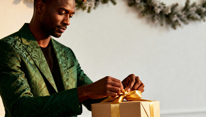 Stylish black man preparing a holiday gift with a golden bow. Man in an elegant green blazer wrapping a present for Christmas. Festive celebration concept with copy space