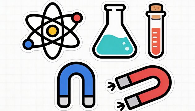 Colorful science-themed stickers featuring an atom, a flask, a test tube, and a magnet, emphasizing elements of chemistry and physics.