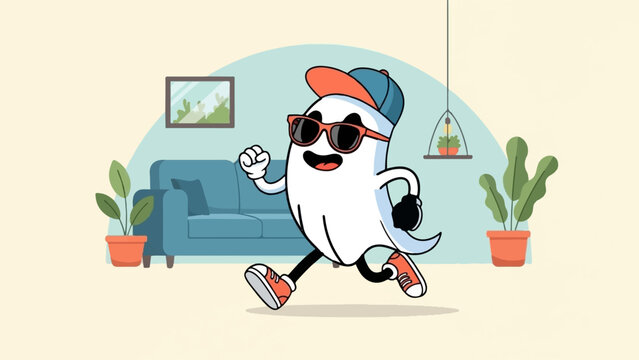 Cheerful cartoon ghost with sunglasses and cap running in a room