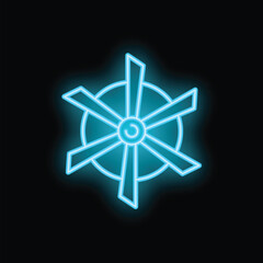 Fototapeta premium Bright blue neon icon of a water turbine shining on a black background