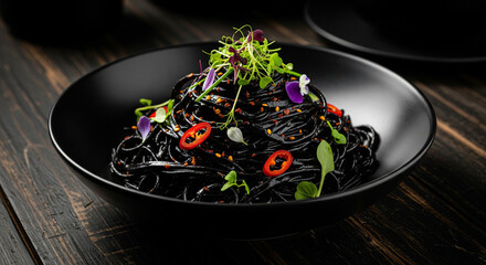 Black garlic pasta served in a matte black bowl, glossy sauce coating the noodles, moody lighting