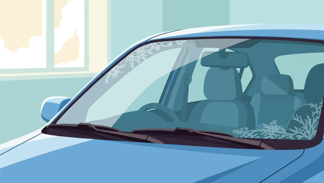 Blue car interior with frost patterns on windshield