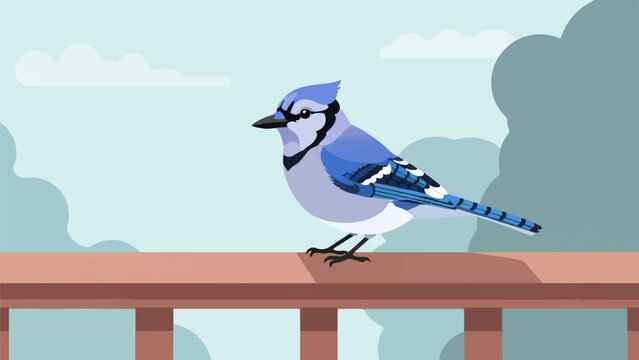 Blue jay perched on a wooden railing against a soft blue sky