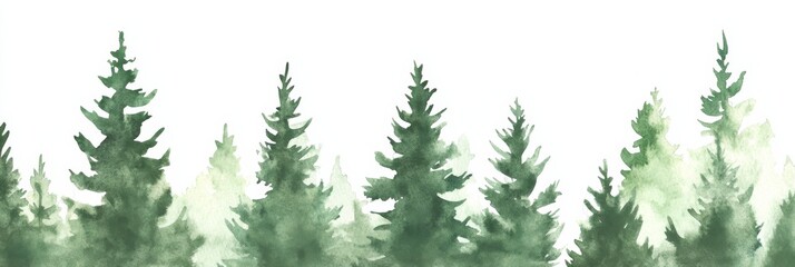Obraz premium Watercolor landscape showing green pine forest on a white background creating a natural scene suitable for a banner decoration