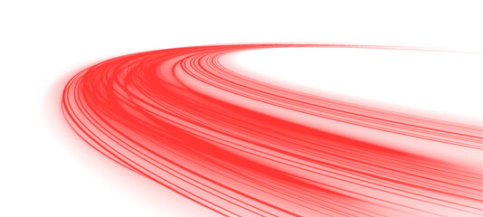 Neon red laser lines curve along  city highway. Motion lines, glowing wave energy, blood streaks, police lights depict dynamic futuristic traffic movement. Vector illustration PNG.