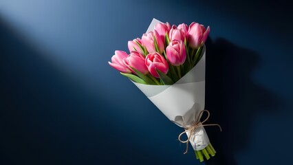 Fresh pink tulips wrapped in white paper placed on a dark blue background, representing spring floral gifts for International Women&rsquo;s Day.
