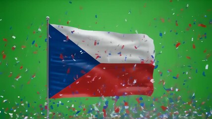 Czech flag waving with festive confetti falling on a green screen. National independence day celebration with chroma key backdrop.
