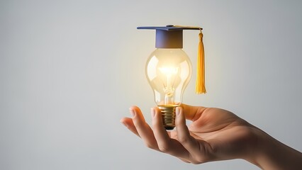Hand holding a light bulb with a graduation cap symbolizing education, knowledge, innovation and empowerment, suitable for International Women&rsquo;s Day and academic themes.
