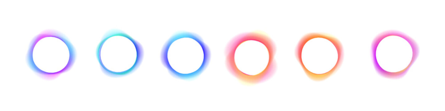 Set of neon glowing circles with smooth gradient blur on white background PNG vector. Bright luminous round shapes with soft halo glow. Futuristic abstract digital rings.