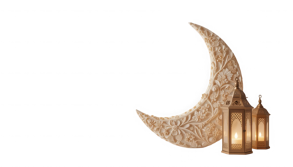 Ornate carved ivory crescent moon decoration stands beside two glowing traditional golden islamic lanterns with burning candles on transparent background
