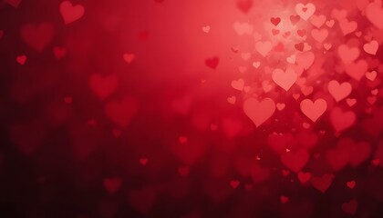 intense red gradient background with scattered heart shaped bokeh and light spots