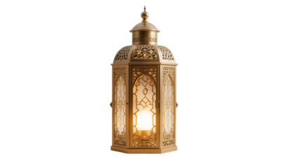 Ornate glowing golden metal lantern featuring intricate arabesque patterns essential for ramadan or islamic cultural decoration on transparent background
