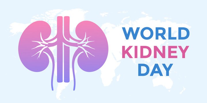 World Kidney Day vector illustration with kidney icon over world map background. Flat medical design symbolizing kidney health awareness.