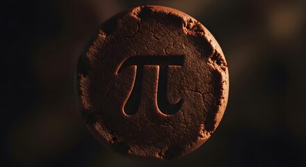 Chocolate cookie with pi symbol embossed, closeup macro shot of baked good with mathematical constant engraved, dark moody lighting