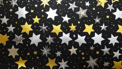 Gold, silver, and white five-pointed stars on black background arranged in celebratory symmetrical pattern