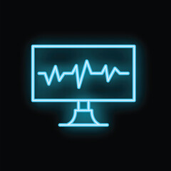 Neon icon of a computer screen showing a blue ekg heartbeat line