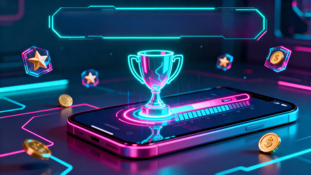 Gamified education learning process showing students leveling knowledge through digital rewards with abstract glowing trophy progress bar vibrant neon interface representing futuristic mobile learning - Powered by Adobe
