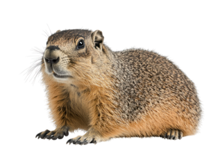 Groundhog, yellowish-brown fur, looking left, cut out against a black background
