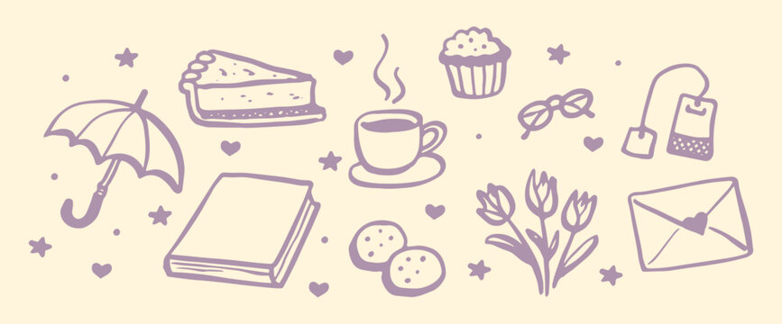 Cozy doodle icons set line sketch vector illustration