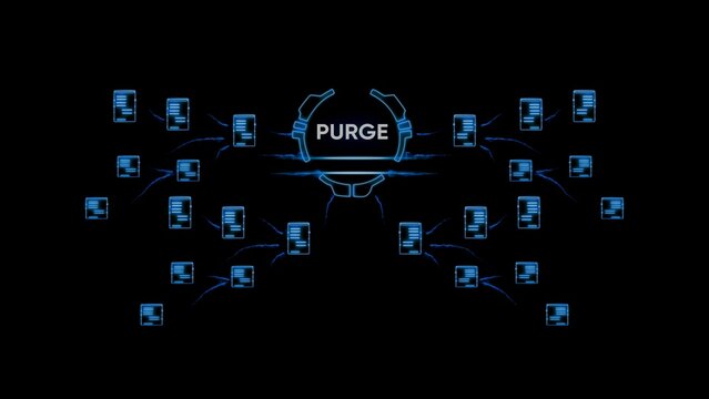 Blue purge concept with glowing head wearing headset and lines connecting to multiple documents on black background