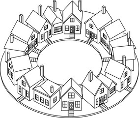 Naklejka premium Circular arrangement of black and white houses with chimneys and windows