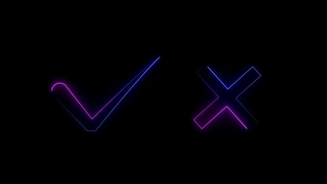 Neon checkmark and cross symbols in purple and blue