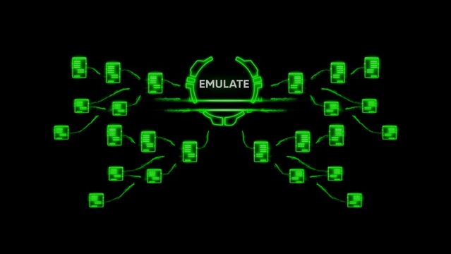Neon green circuit board with emulate text on black background
