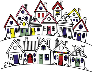 Colorful cartoon houses on a hillside windows