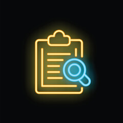 Neon icon of a magnifying glass analyzing a document, representing concepts like research, analysis, and investigation