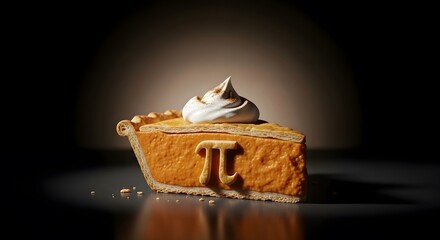Slice of pumpkin pie with pi symbol cutout, dessert for pi day celebration, dramatic lighting