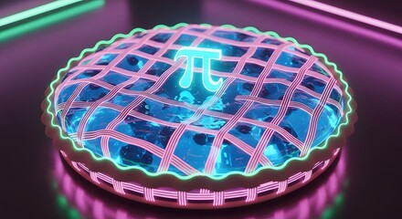 Glowing blue pi symbol on a lattice pie in neon lighting for pi day celebration